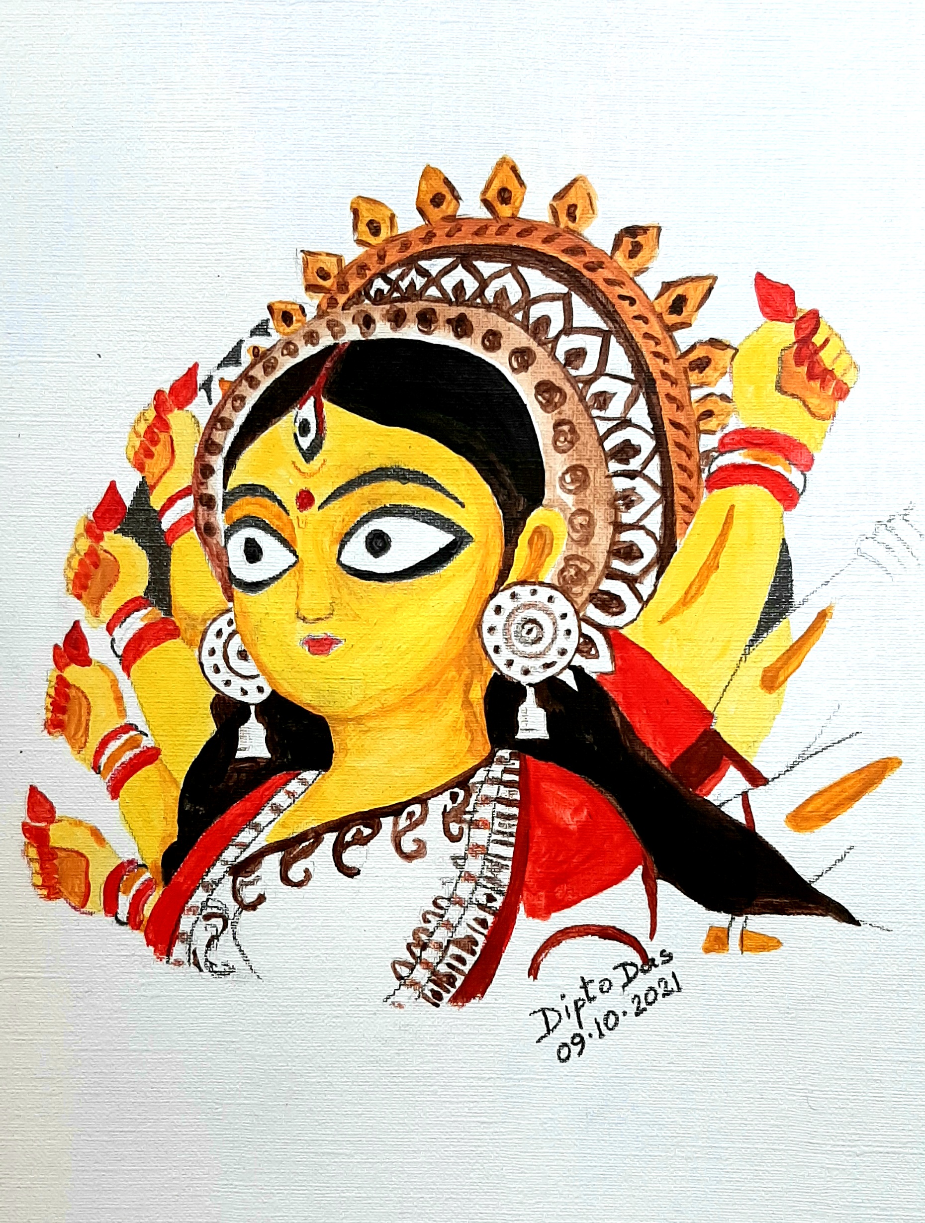 Durga Puja is one of the biggest festvals in Bengal with cultural grounding in Hinduism and historic ties to the colonial period. The image shows an acrylic painting of Goddess Durga by Dipto in 2022.